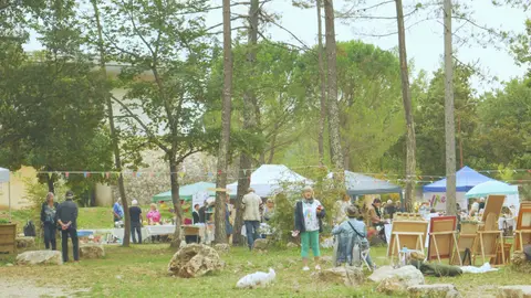 Ambiance d'un événement en plein air : stands sous les pins, guirlandes de fanions et visiteurs.